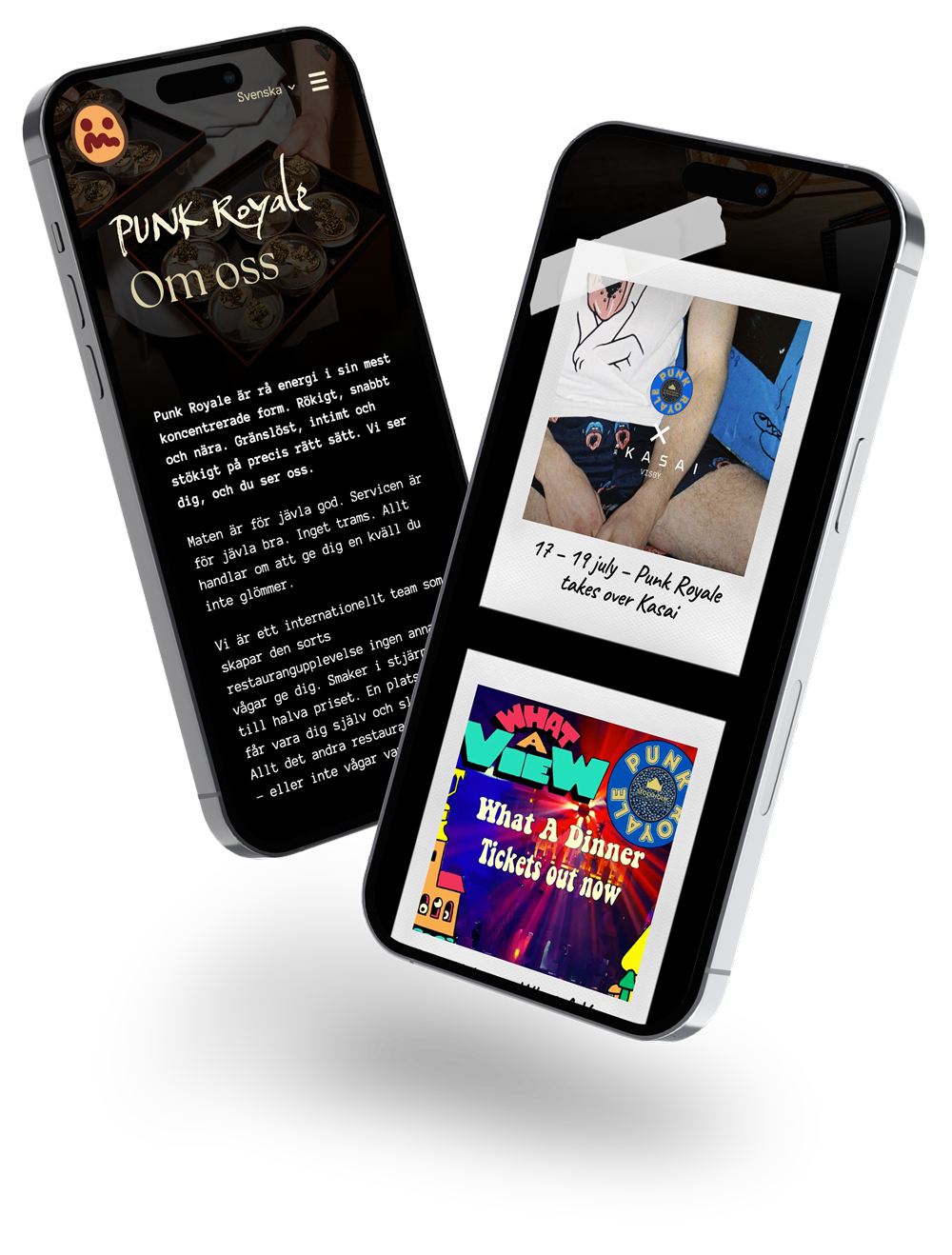 Två mobilskärmar som visar upp Punk Royales nya hemsida och responsive design.